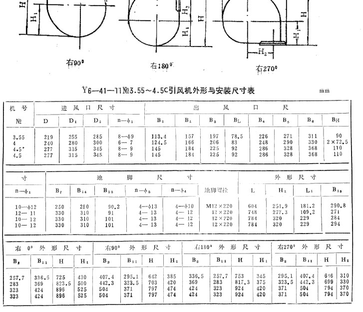 Y6-41-11鍋爐引風(fēng)機(jī)安裝尺寸表